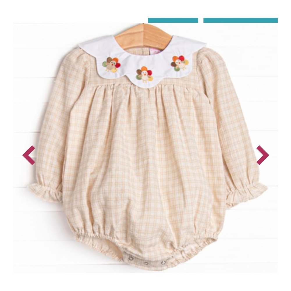 Stitchy Fish Romper Baby 6M Tan Gingham Excellent Turkey Embroidered Romper